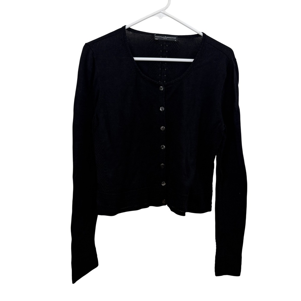 Peruvian Connection Cardigan Womens Medium Black Pima Cotton Pointelle Knit Top
